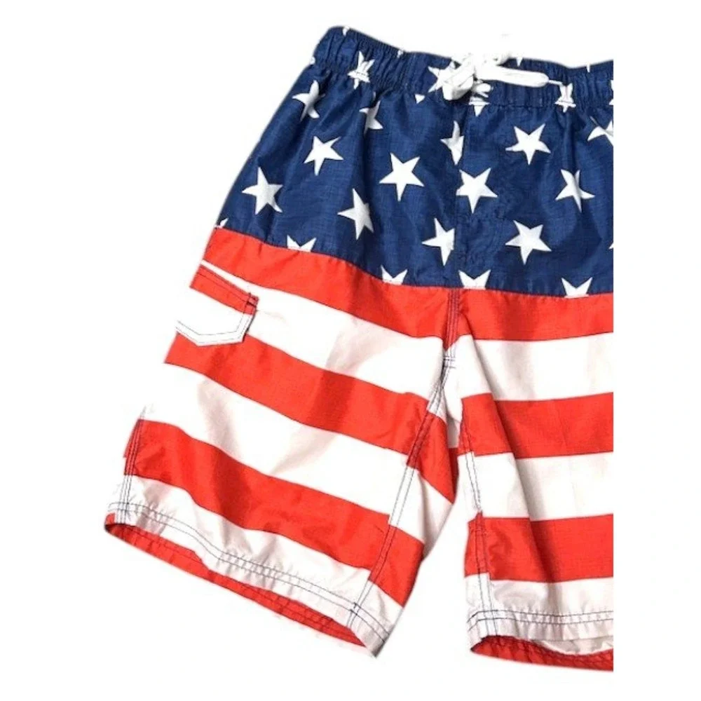Kanu Surf Boy's Size S American Flag Swim Trunks Patriotic Stars‎ Stripes Shorts